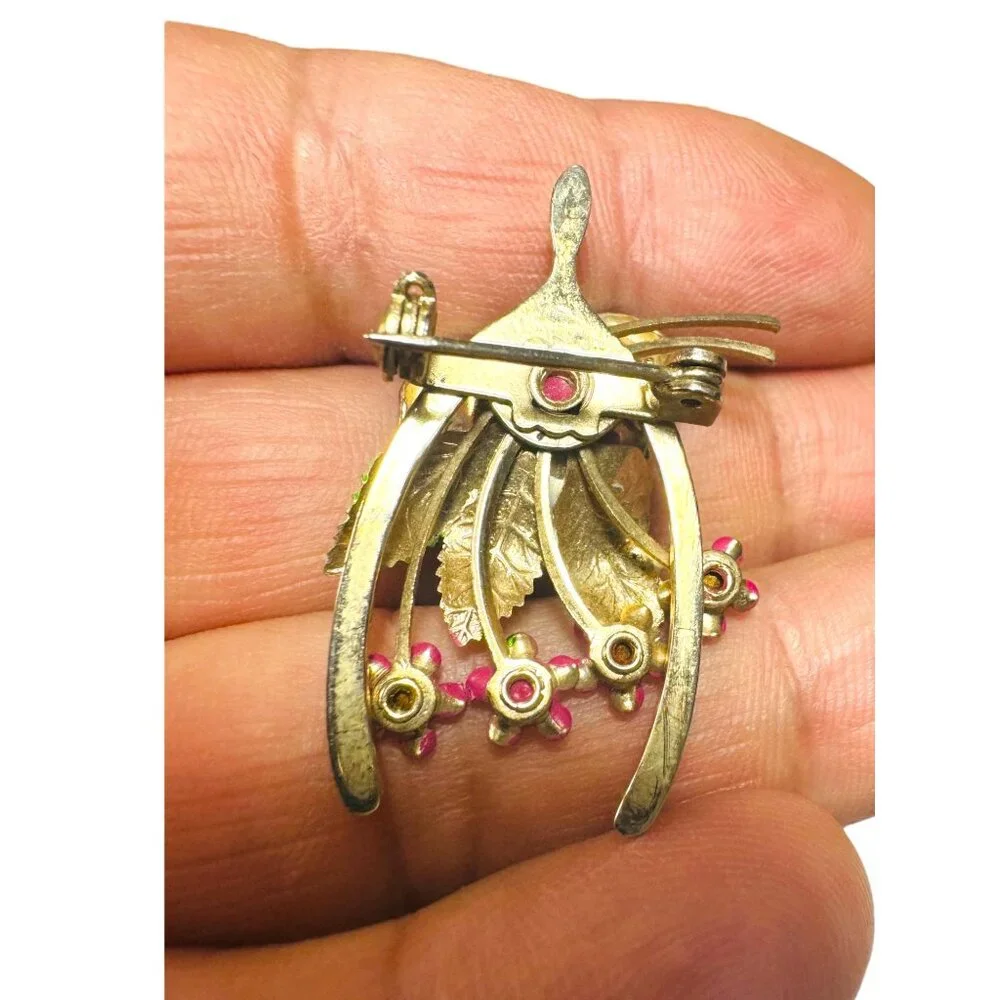 Vintage 3D Pink & Green Enamel Rose Brooch With Aurora Borealis Rhinestones - Picture 3 of 9